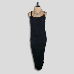 Y2K Bodycon Chiffon Midi Dress Ruched Low Back Black Size L/XL